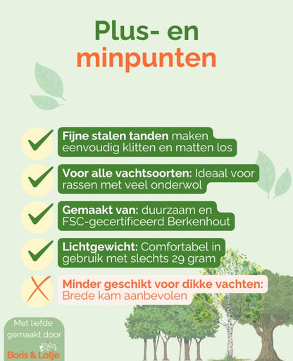 Hondenkam Fijne stalen tanden 20,4 x 3,2 cm Duurzaam berkenhout - Per stuk