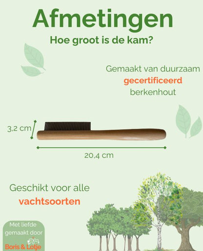 Hondenkam Fijne stalen tanden 20,4 x 3,2 cm Duurzaam berkenhout - Per stuk